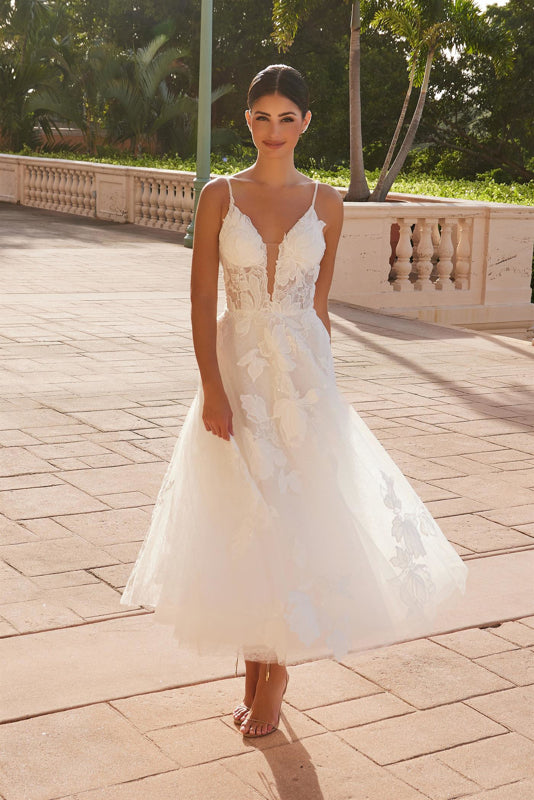 Isla Floral Plunge Neckline Lace Tea-Length Wedding Dress Off White / 10