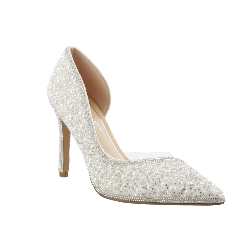 Renzo White Embellished Pointed Toe Heels