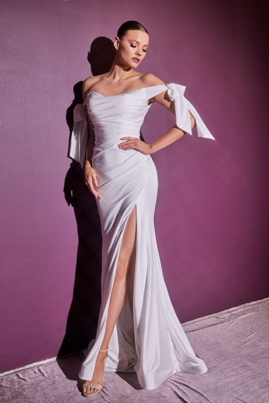 Satin Fit and Flare Wedding gown with bow off shoulder details