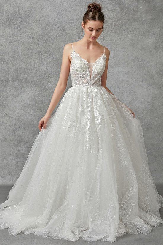 V-Neck A-line Glitter Tulle Wedding Gown OFF White / XL V-Neck A-line Glitter Tulle Wedding Gown OFF White / XL