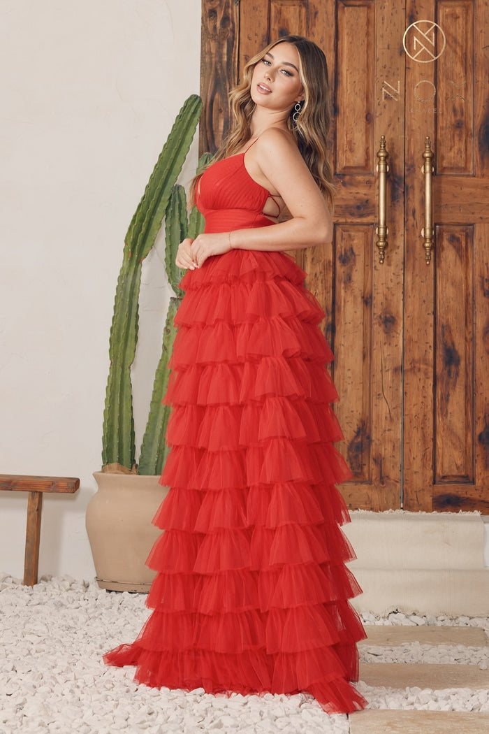 Red ruffled ball gown