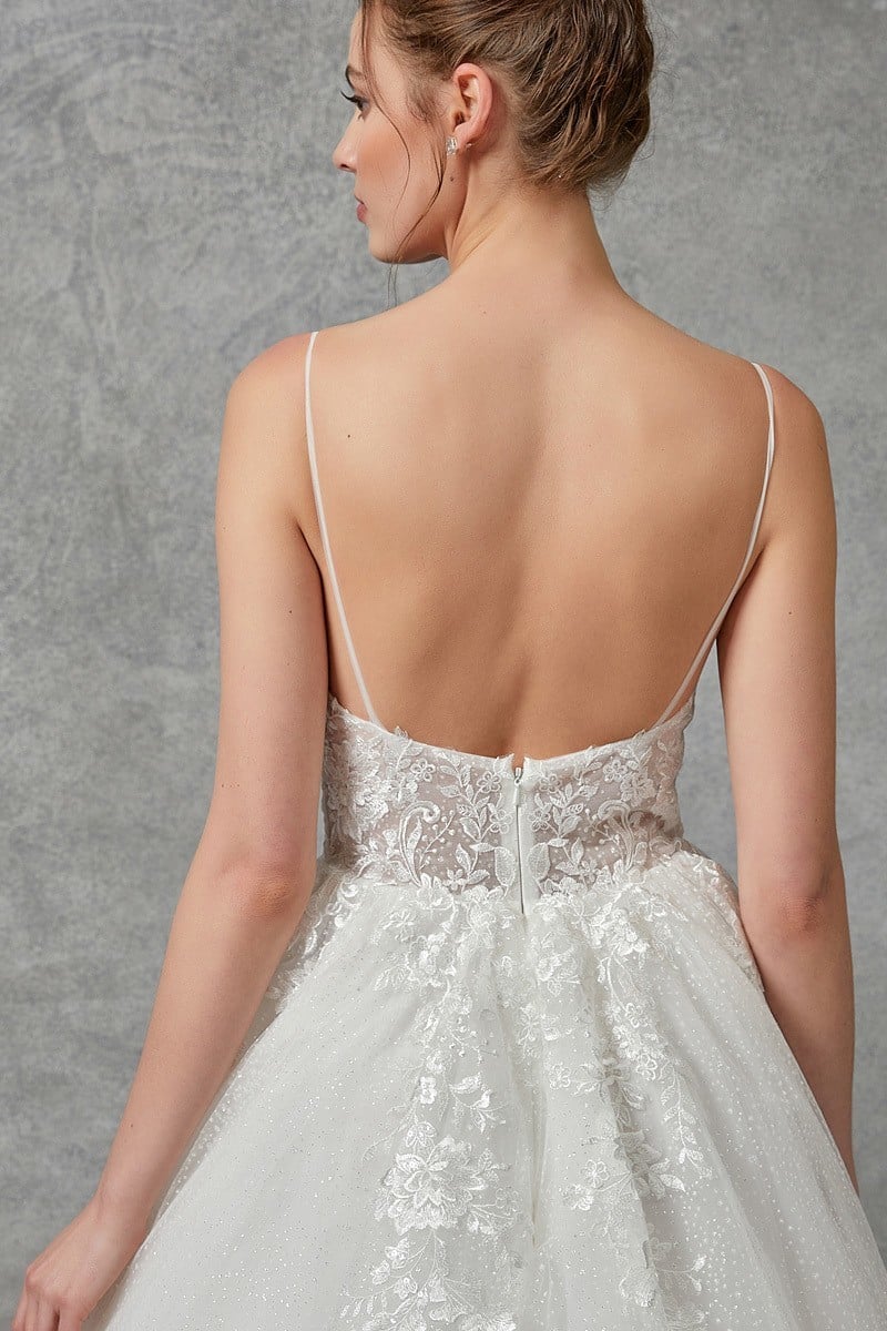 V-Neck A-Line Glitter Tulle Wedding Gown Off White / XL
