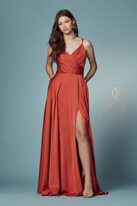 V Neck Satin Gown with Front Slit and Corset Closure