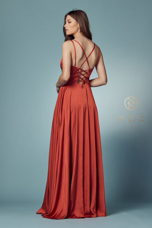 V Neck Satin Gown with Front Slit and Corset Closure
