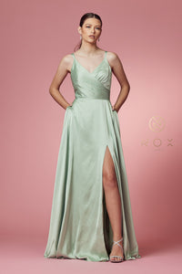 V Neck Satin Gown with Front Slit and Corset Closure
