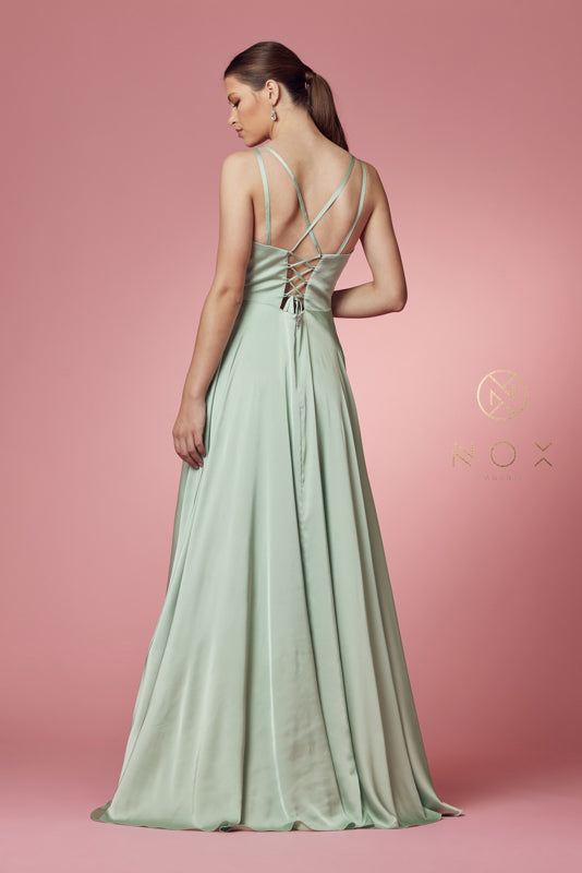 V Neck Satin Gown with Front Slit and Corset Closure