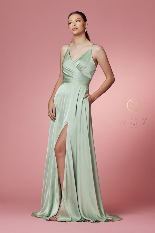 V Neck Satin Gown with Front Slit and Corset Closure