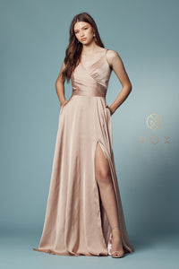 V Neck Satin Gown with Front Slit and Corset Closure