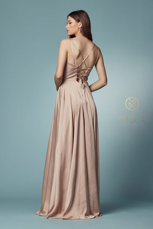 V Neck Satin Gown with Front Slit and Corset Closure