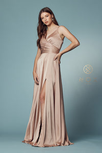 V Neck Satin Gown with Front Slit and Corset Closure