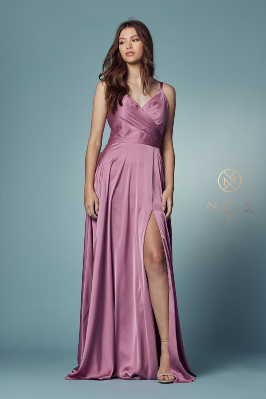 V Neck Satin Gown with Front Slit and Corset Closure