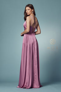 V Neck Satin Gown with Front Slit and Corset Closure