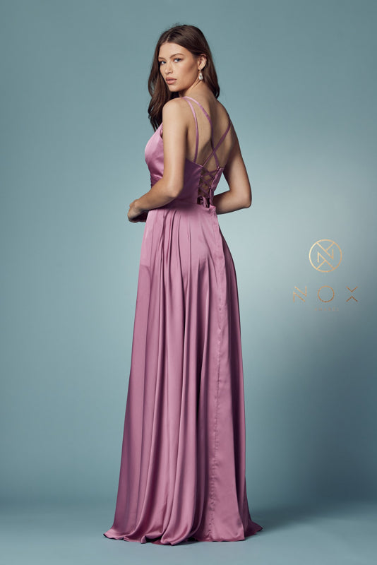 V Neck Satin Gown with Front Slit and Corset Closure