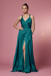 V Neck Satin Gown with Front Slit and Corset Closure