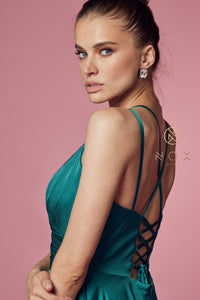 V Neck Satin Gown with Front Slit and Corset Closure