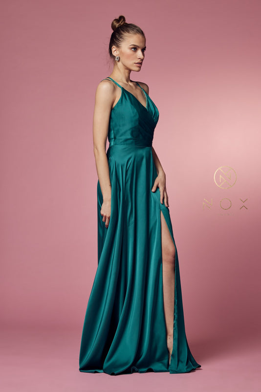 V Neck Satin Gown with Front Slit and Corset Closure