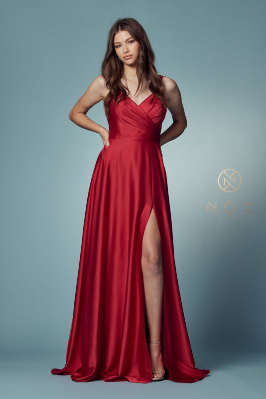 V Neck Satin Gown with Front Slit and Corset Closure