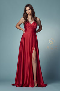 V Neck Satin Gown with Front Slit and Corset Closure