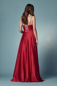 V Neck Satin Gown with Front Slit and Corset Closure
