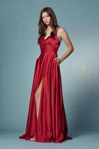 V Neck Satin Gown with Front Slit and Corset Closure