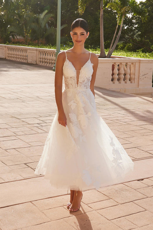 Plunged Neckline Tea Length Wedding Dress with Spaghetti Straps