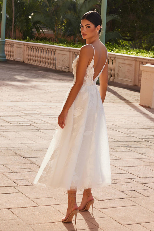 Isla Floral Plunge Neckline Lace Tea-Length Wedding Dress