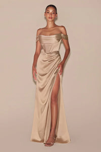 Satin Off The Shoulder Bridesmaids and Prom Dress