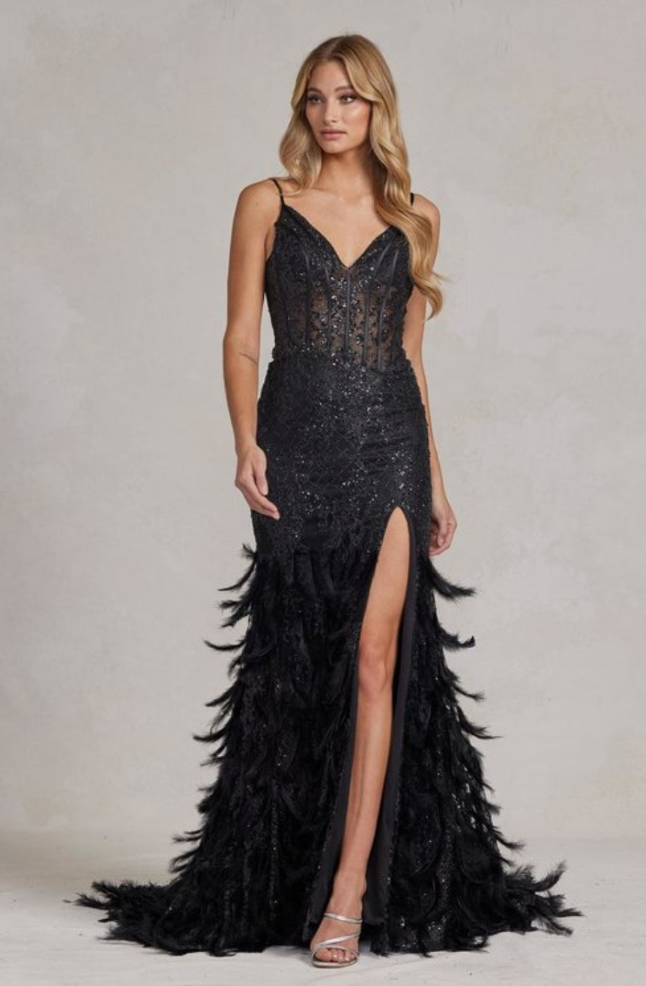 Nox Anabel fitted feather prom dress