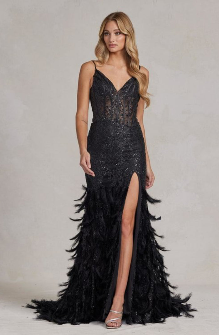 Fitted feather prom dress by Nox Anabel