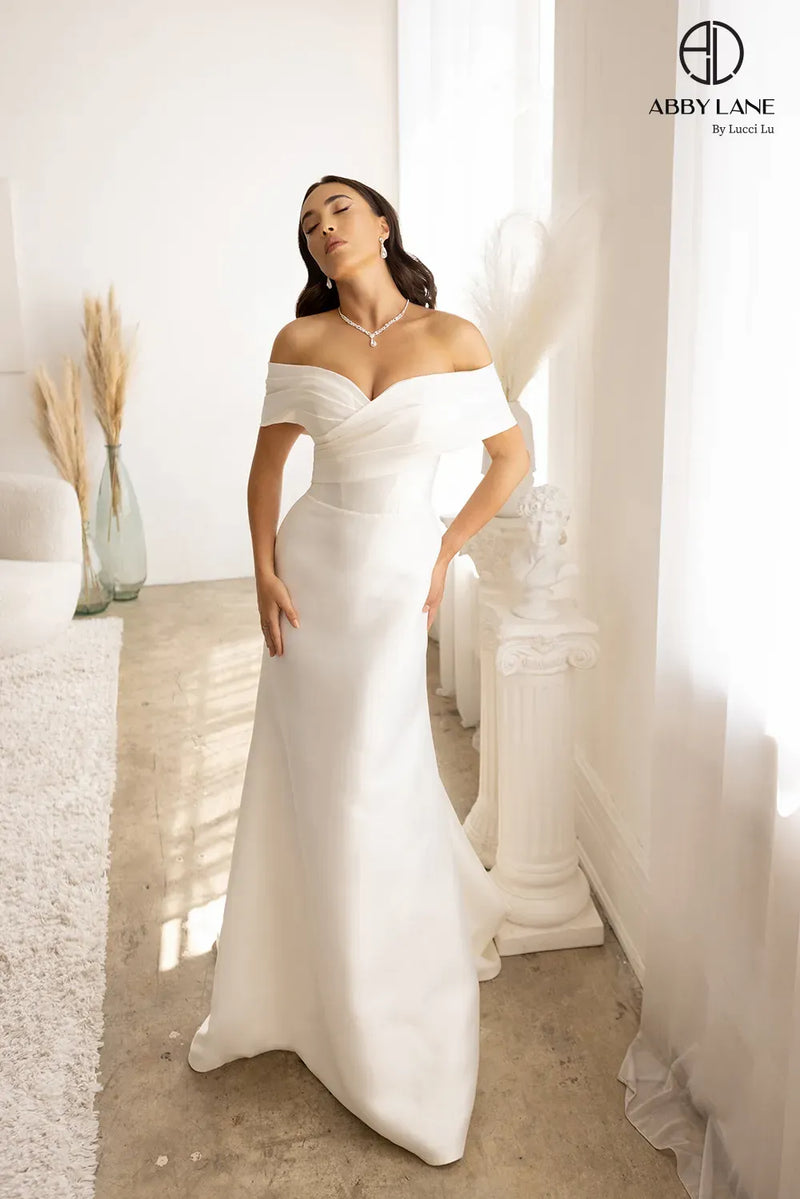 Sash Ivory Satin Sheath Bridal Gown By Abby Lane