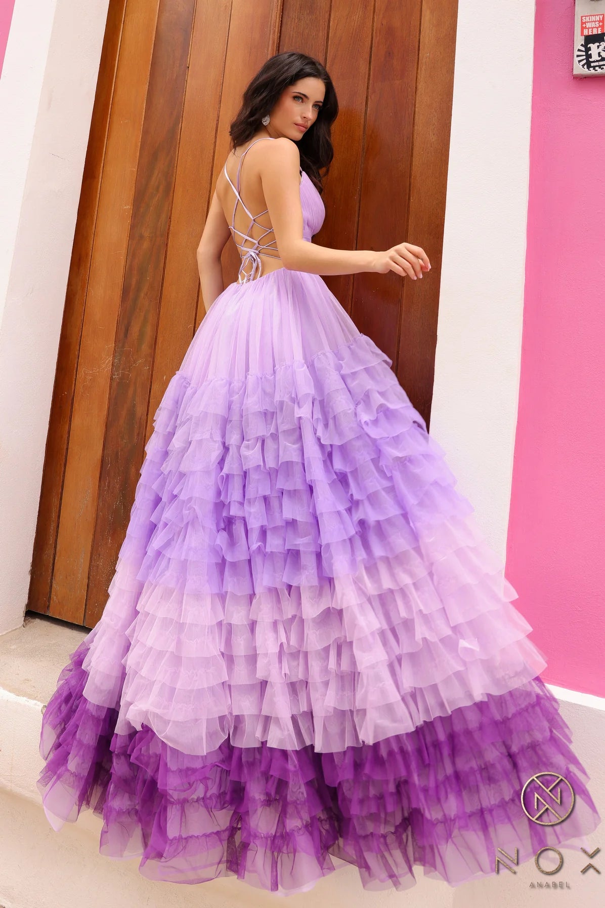 Spaghetti Strap Ruffled Ombre gown with a slit