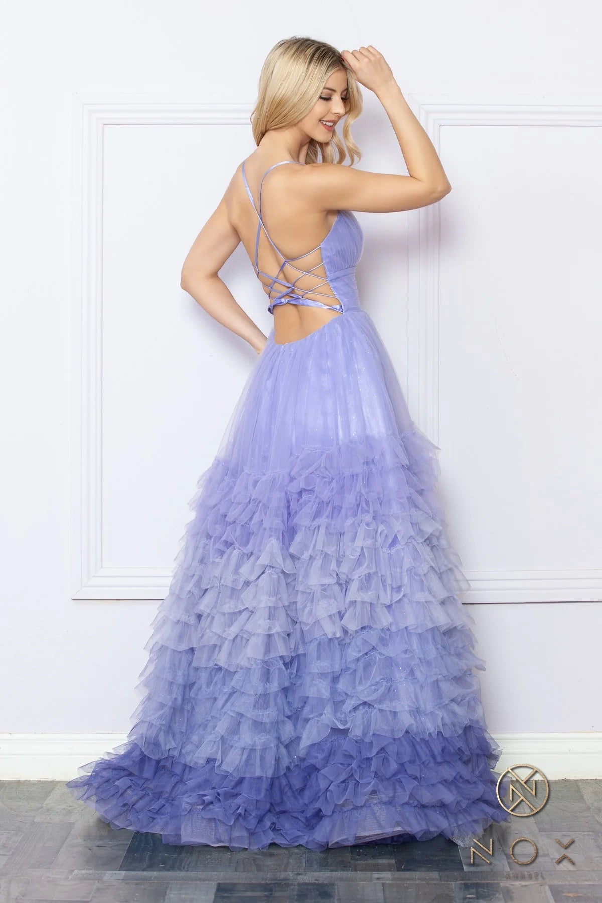 Spaghetti Strap Ruffled Ombre gown with a slit