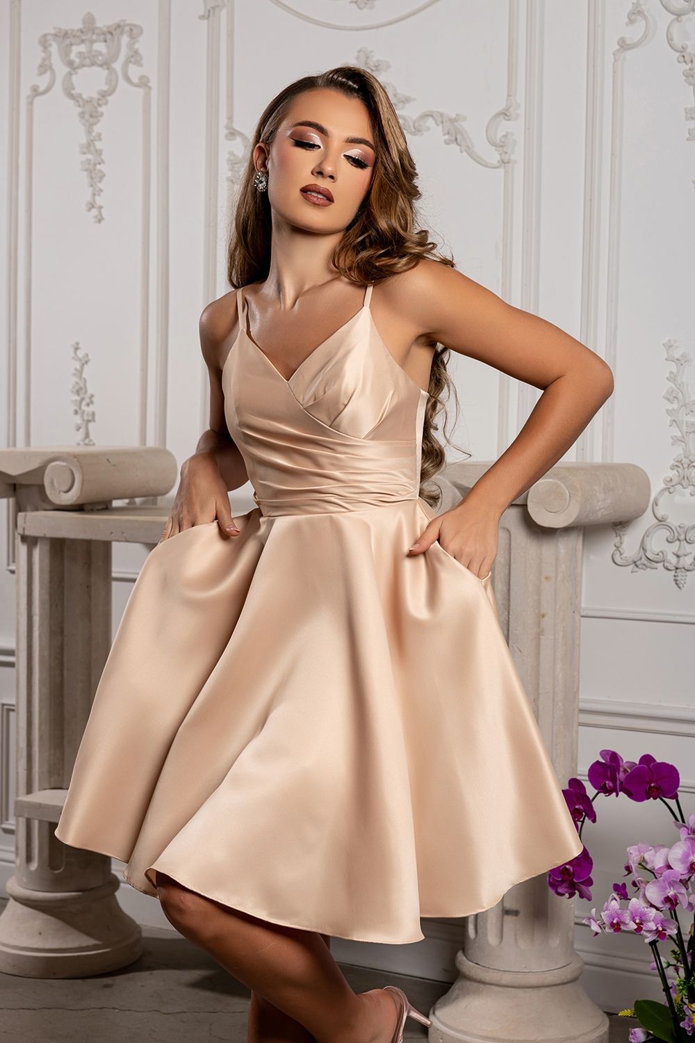 V-neck spaghetti strap A-Line Short Dress with Pleats MQ1654