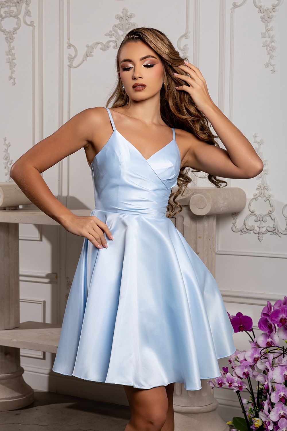 V-neck spaghetti strap A-Line Short Dress with Pleats MQ1654