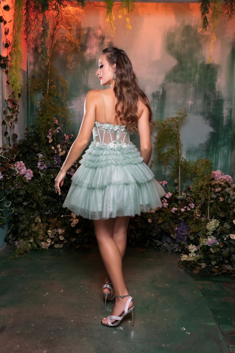 short layered ruffle dress Strapless Satin Ruffle Dress With Floral Detail 40041