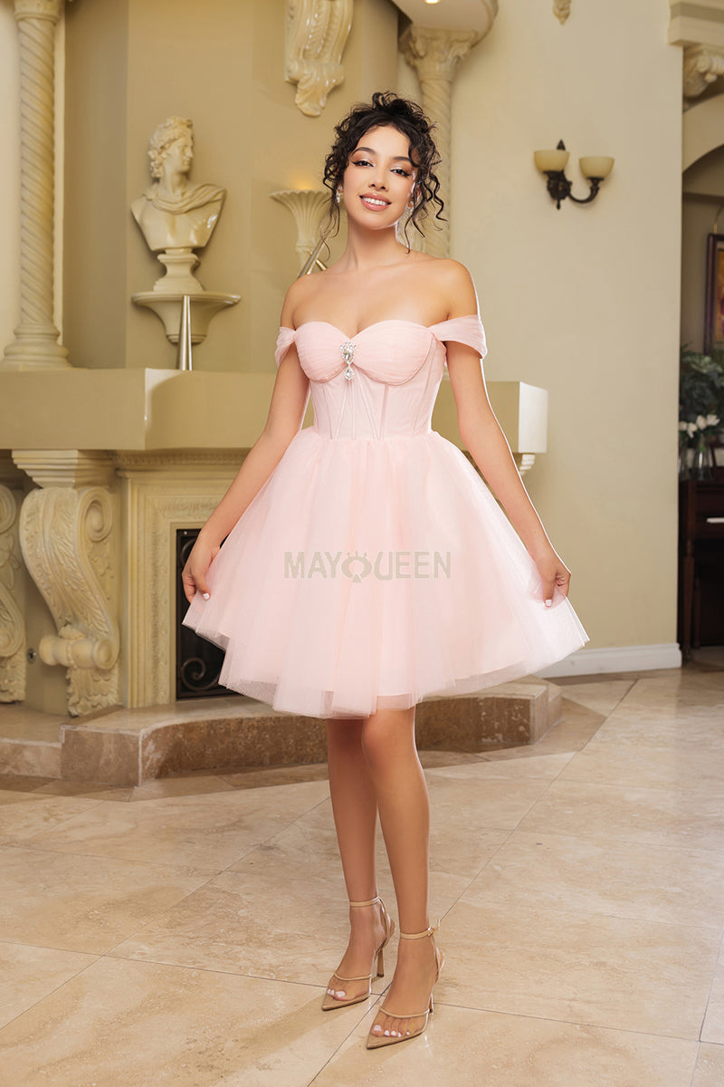 Short Tulle Off Shoulder Corset Dress with Brooch by Mayqueen Silver / 6 Short Tulle Off Shoulder Corset Dress with Brooch by Mayqueen Silver / 6