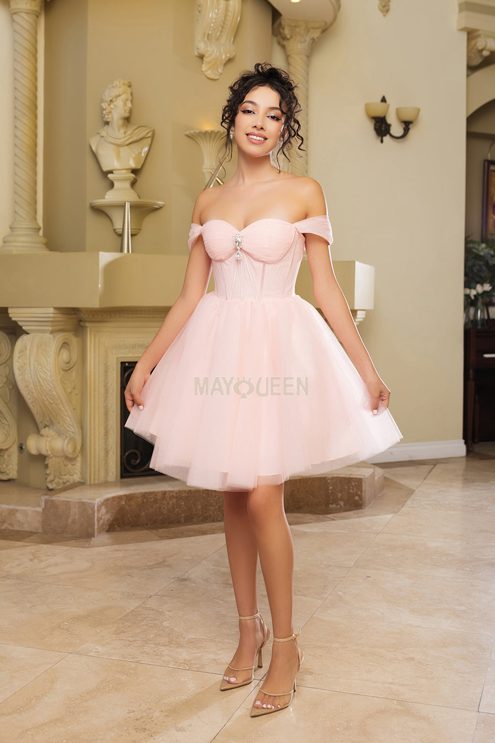 Short Tulle Off Shoulder Corset Dress with Brooch by Mayqueen