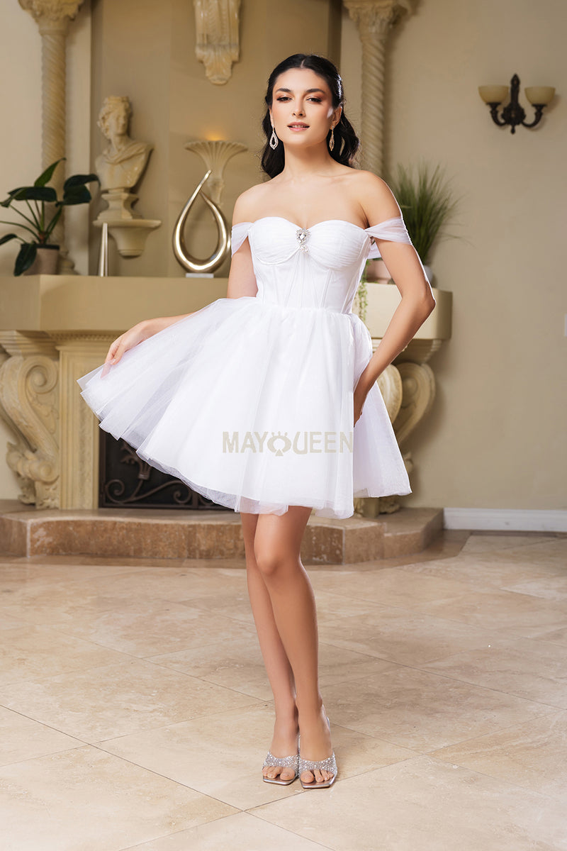 Short Tulle Off Shoulder Corset Dress with Brooch by Mayqueen