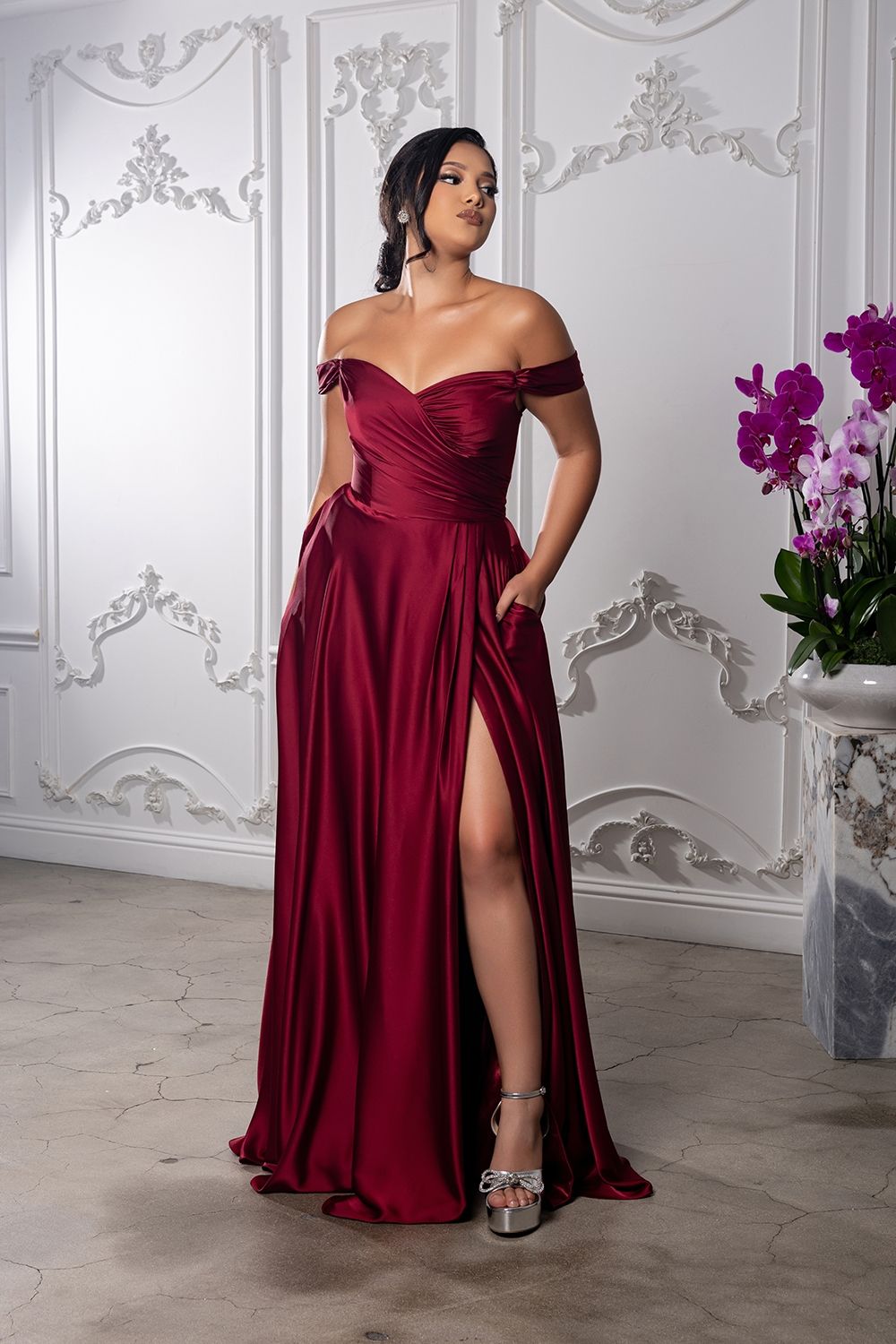 Satin Off Shoulder Evening Dress with corset back MQ2187