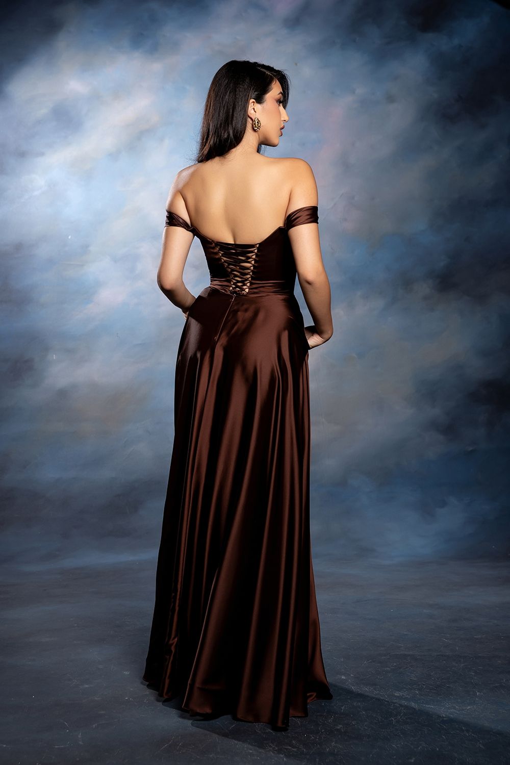 Satin Off Shoulder Evening Dress with corset back MQ2187