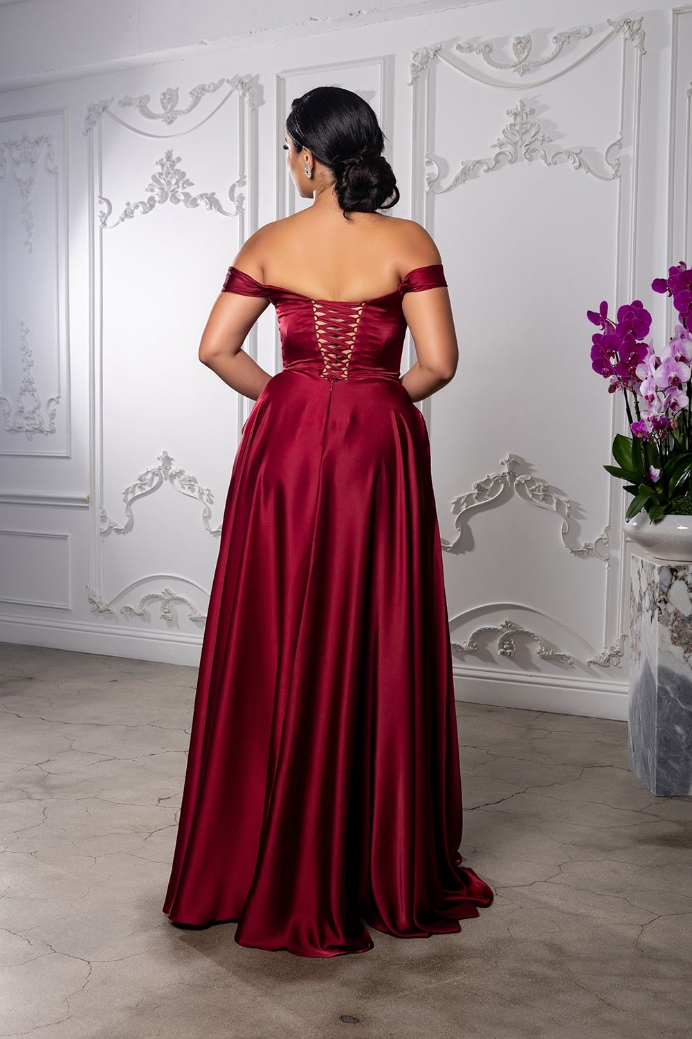 Satin Off Shoulder Evening Dress with corset back MQ2187