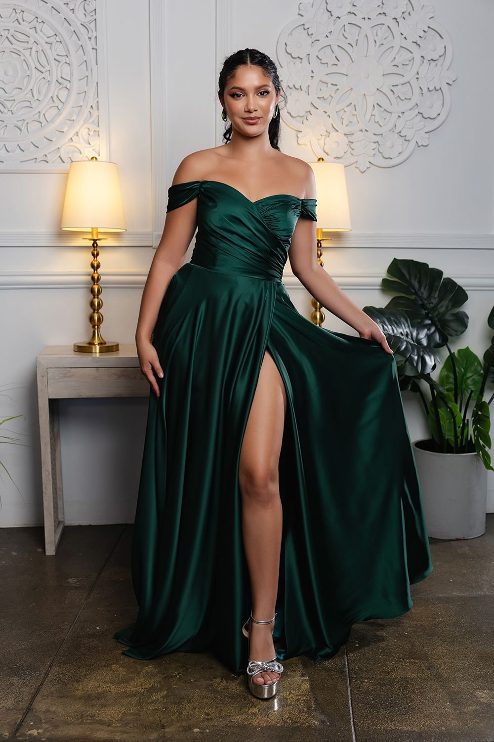 Satin Off Shoulder Evening Dress with corset back MQ2187