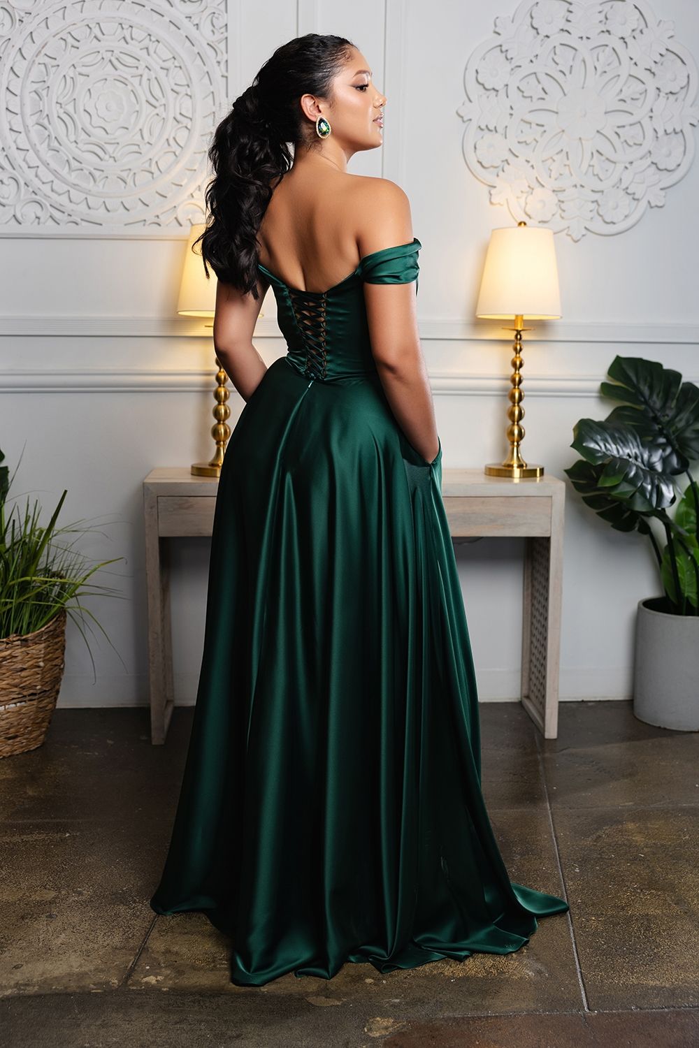 Satin Off Shoulder Evening Dress with corset back MQ2187