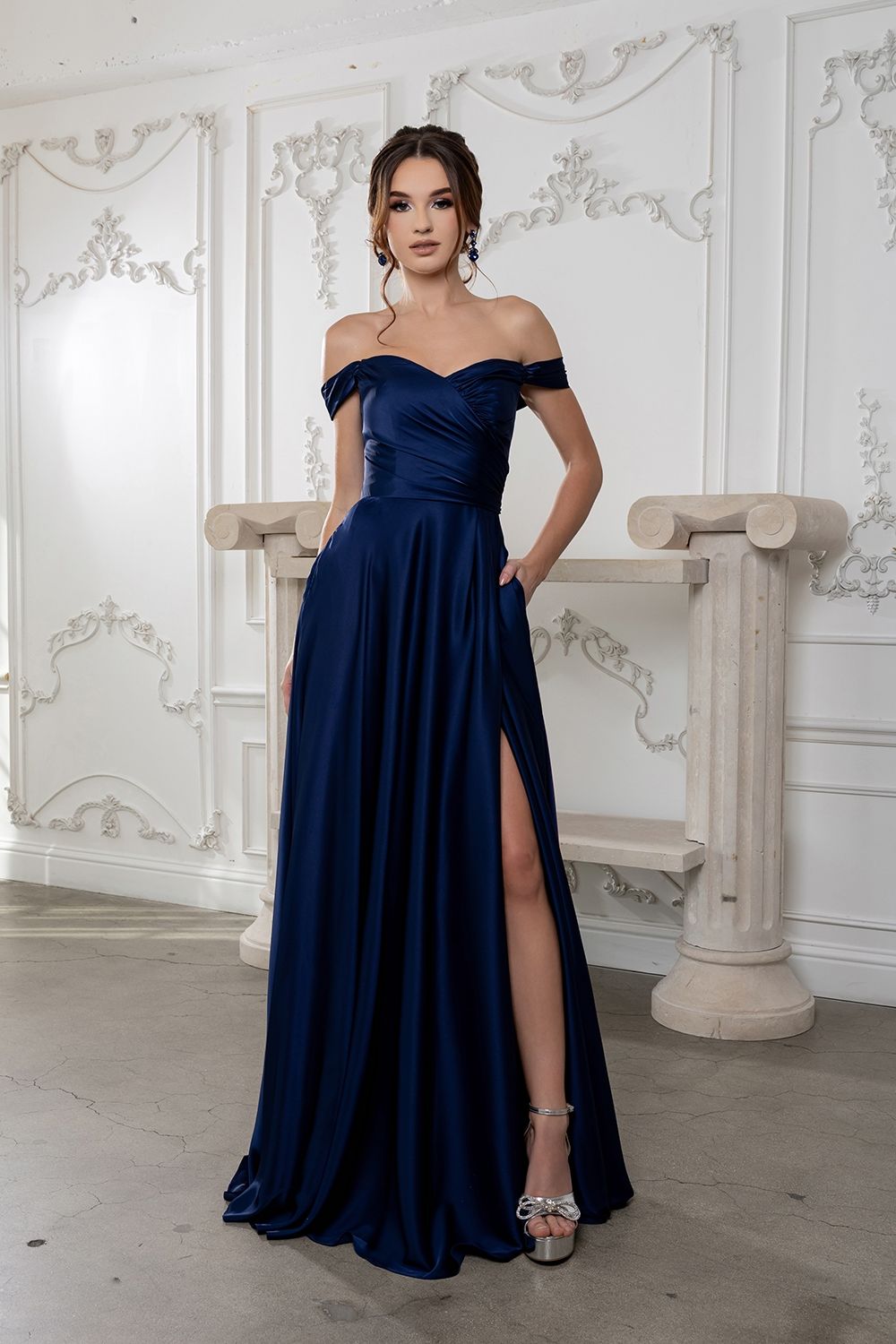 Satin Off Shoulder Evening Dress with corset back MQ2187