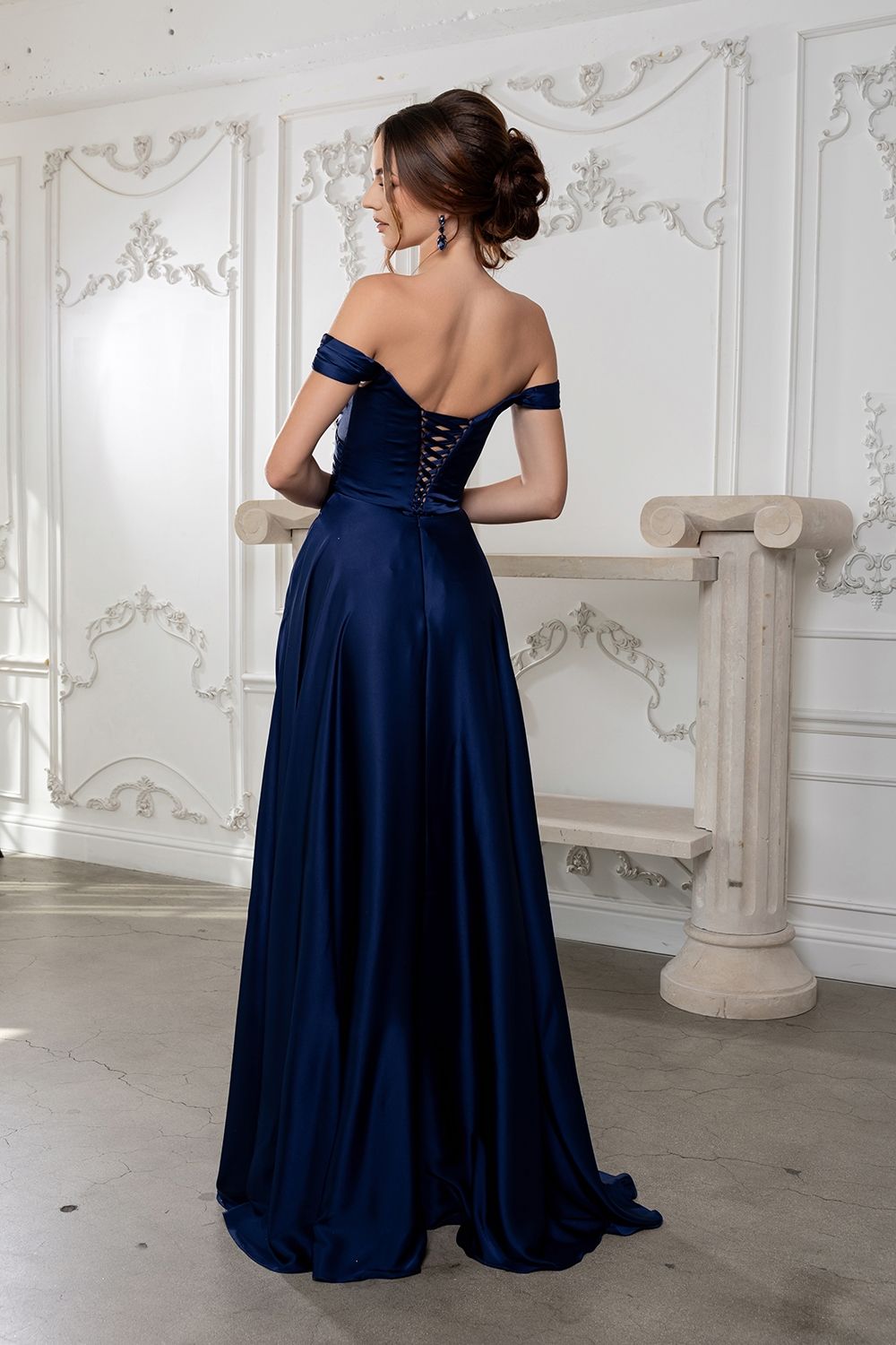 Satin Off Shoulder Evening Dress with corset back MQ2187