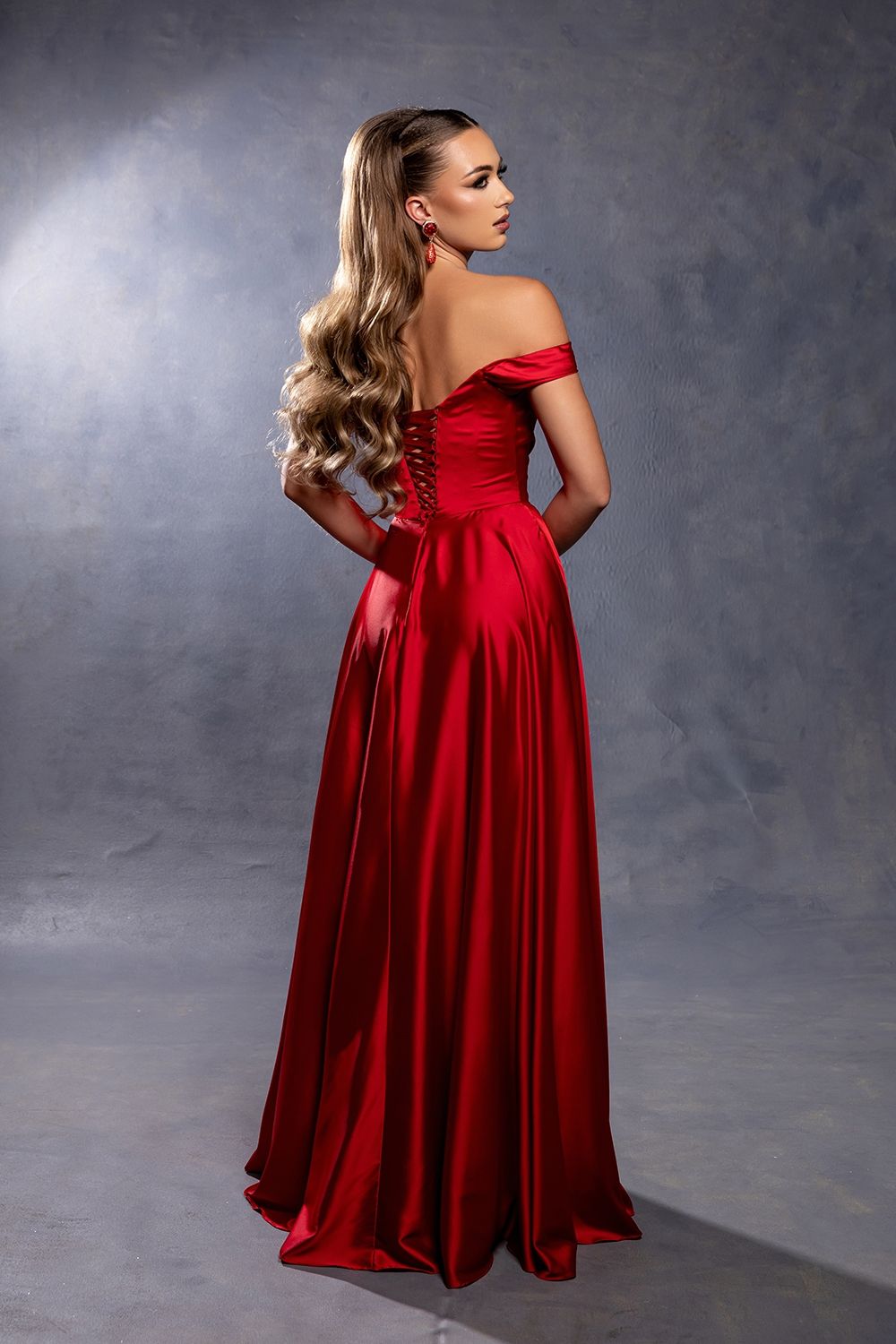 Satin Off Shoulder Evening Dress with corset back MQ2187