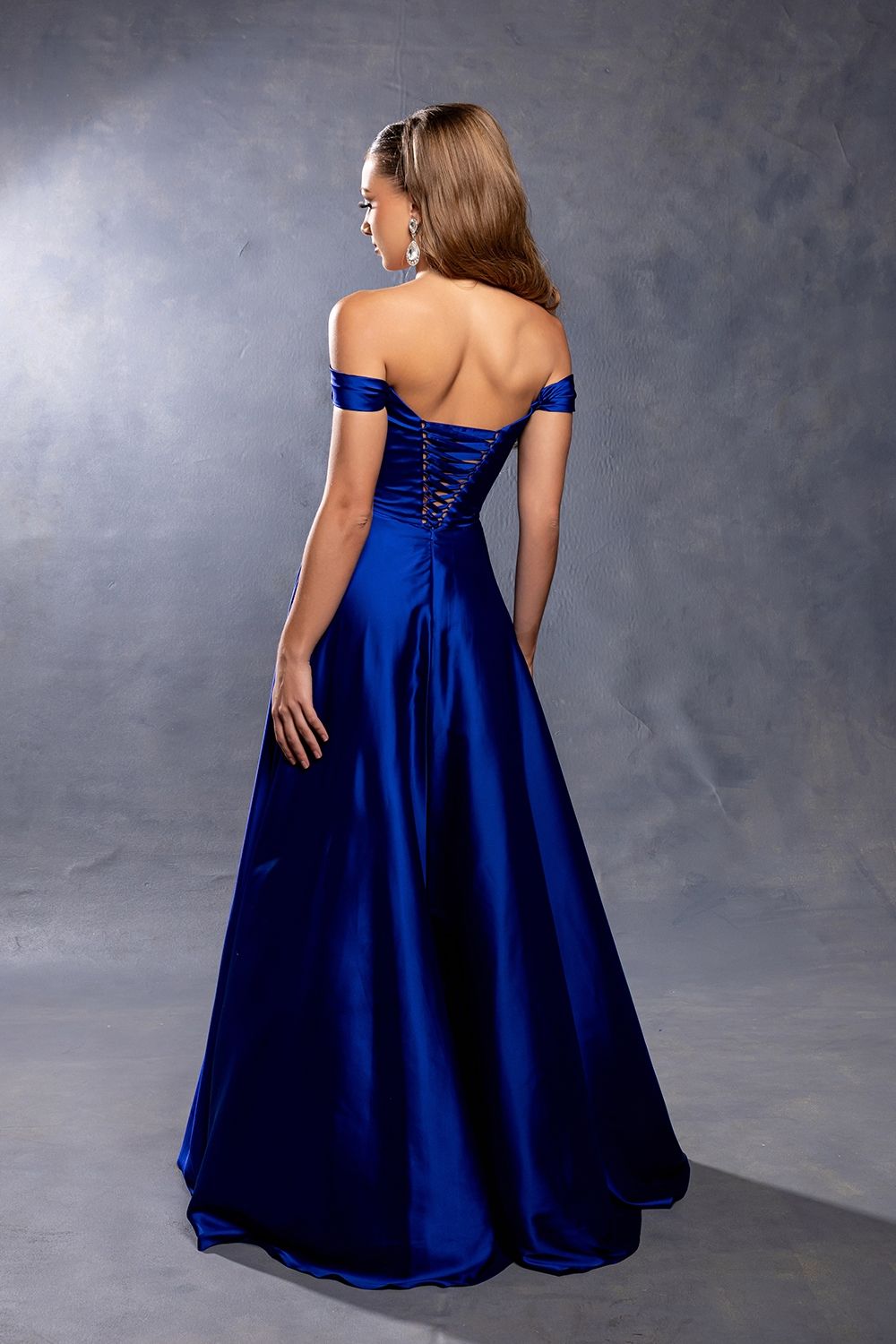Satin Off Shoulder Evening Dress with corset back MQ2187