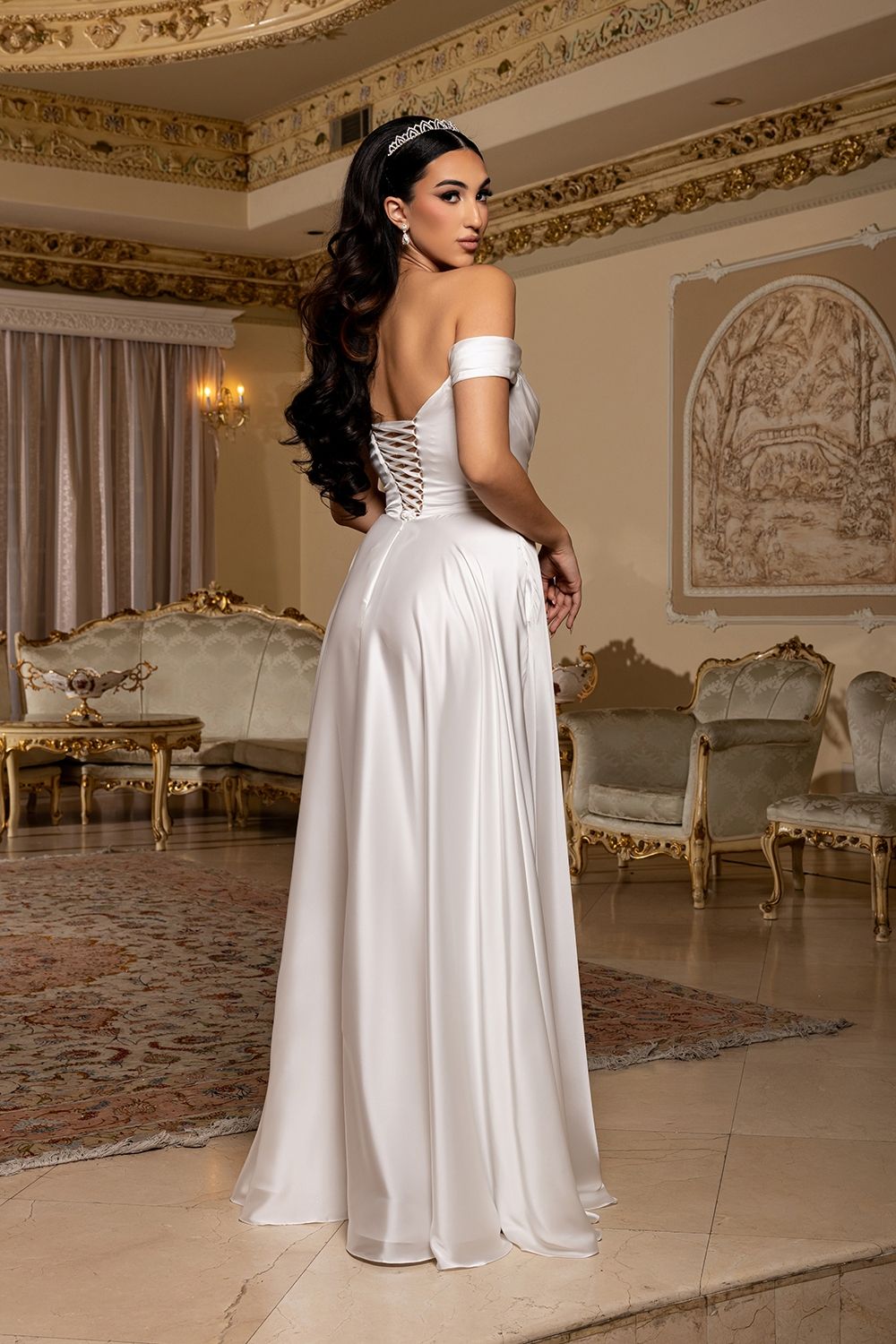 Satin Off Shoulder Evening Dress with corset back MQ2187