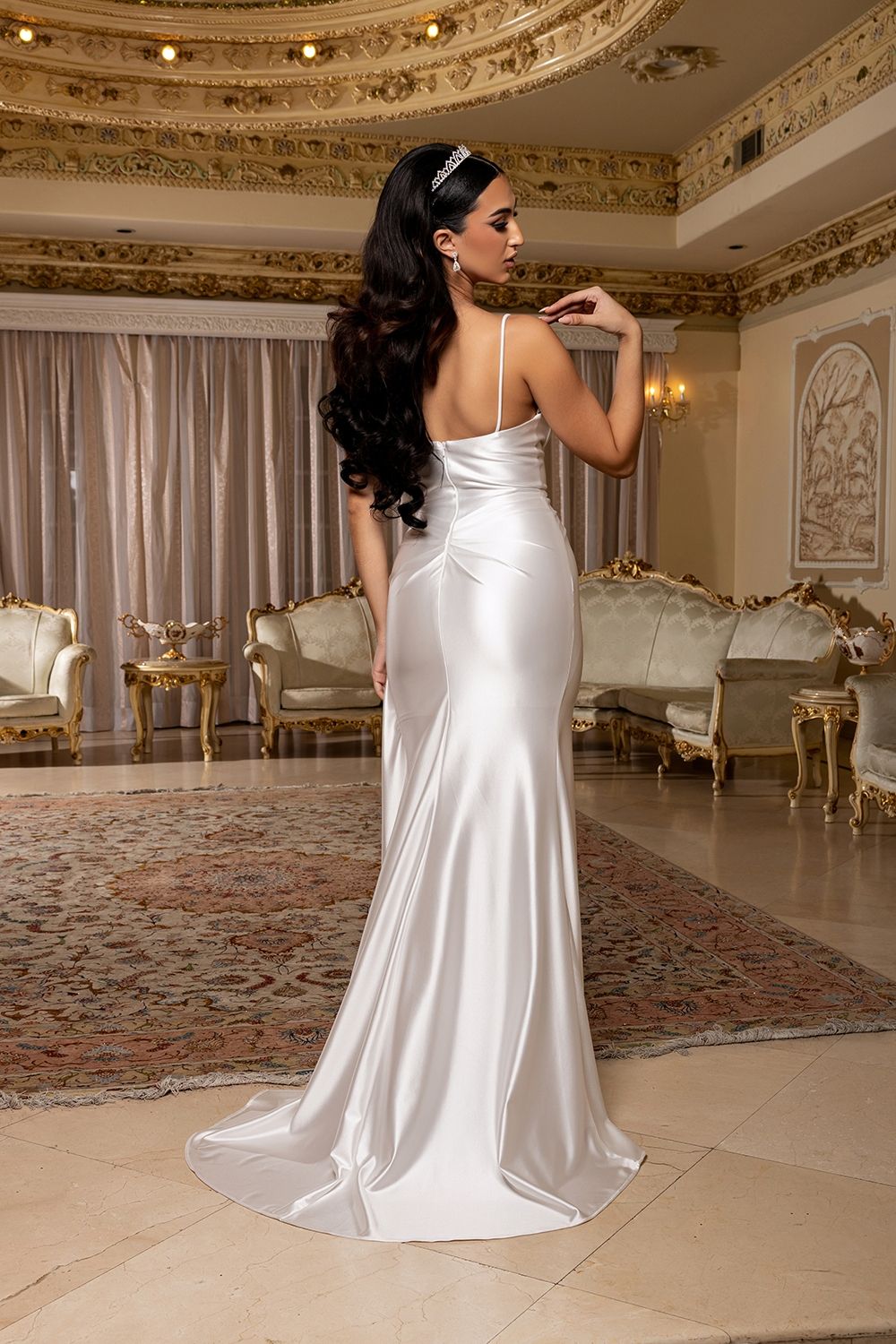 Satin Sweetheart Fitted Ruched Dress with Slit MQ2205