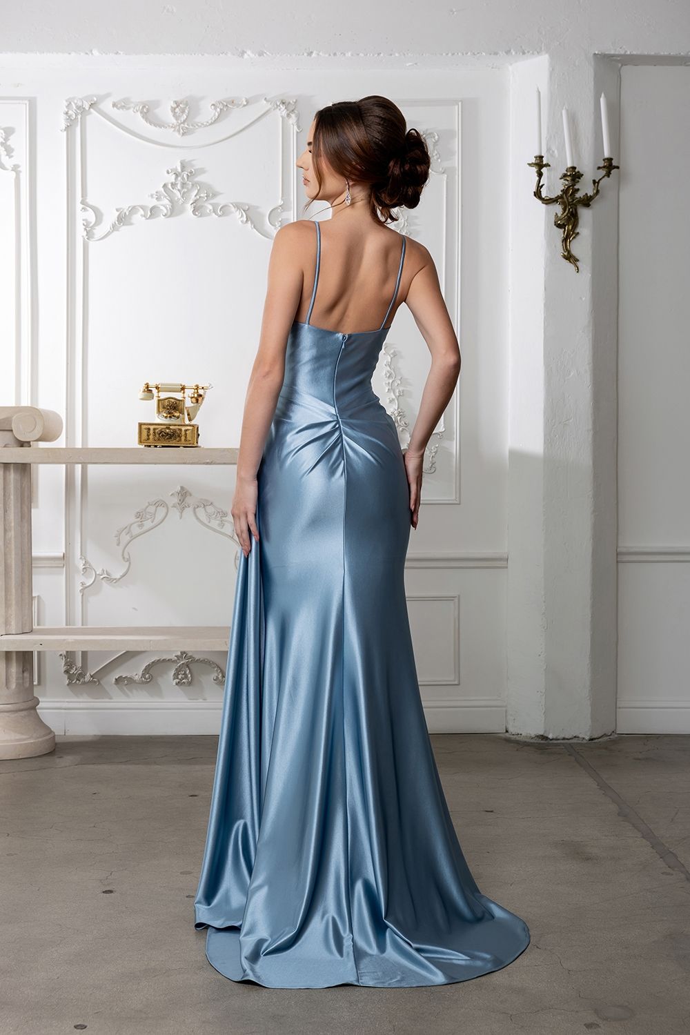 Satin Sweetheart Fitted Ruched Dress with Slit MQ2205